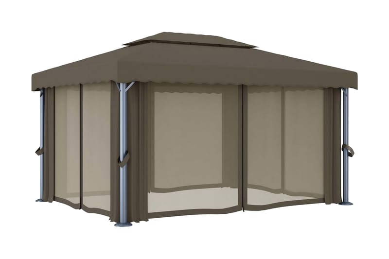 Paviljong med draperi 4x3 m taupe aluminium - Brun - Utemöbler - Solskydd - Paviljonger - Komplett paviljong