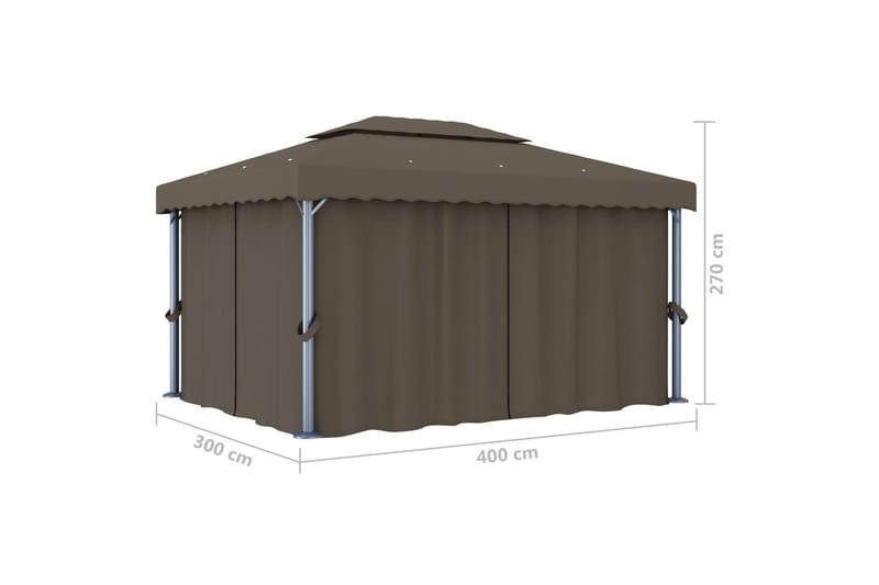 Paviljong med draperi och ljusslinga LED 4x3 m taupe - Brun - Utemöbler - Solskydd - Paviljonger - Komplett paviljong