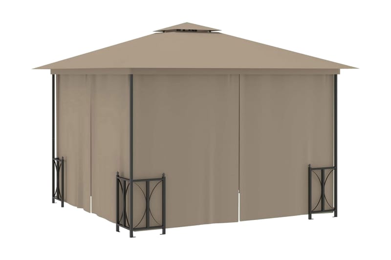 Paviljong med draperier och dubbelt tak 3x3 m taupe - Taupe - Utemöbler - Solskydd - Paviljonger - Komplett paviljong