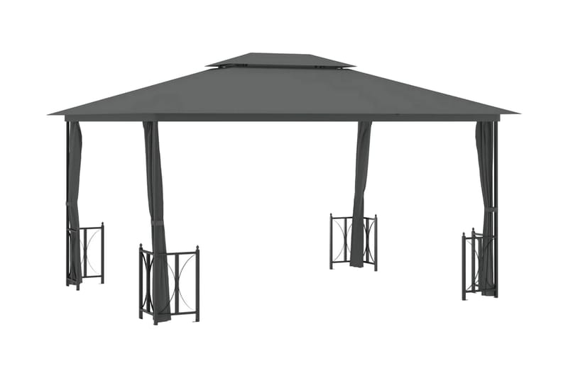 Paviljong med draperier och dubbelt tak 3x4 m antracit - Antracit - Utemöbler - Solskydd - Paviljonger - Komplett paviljong