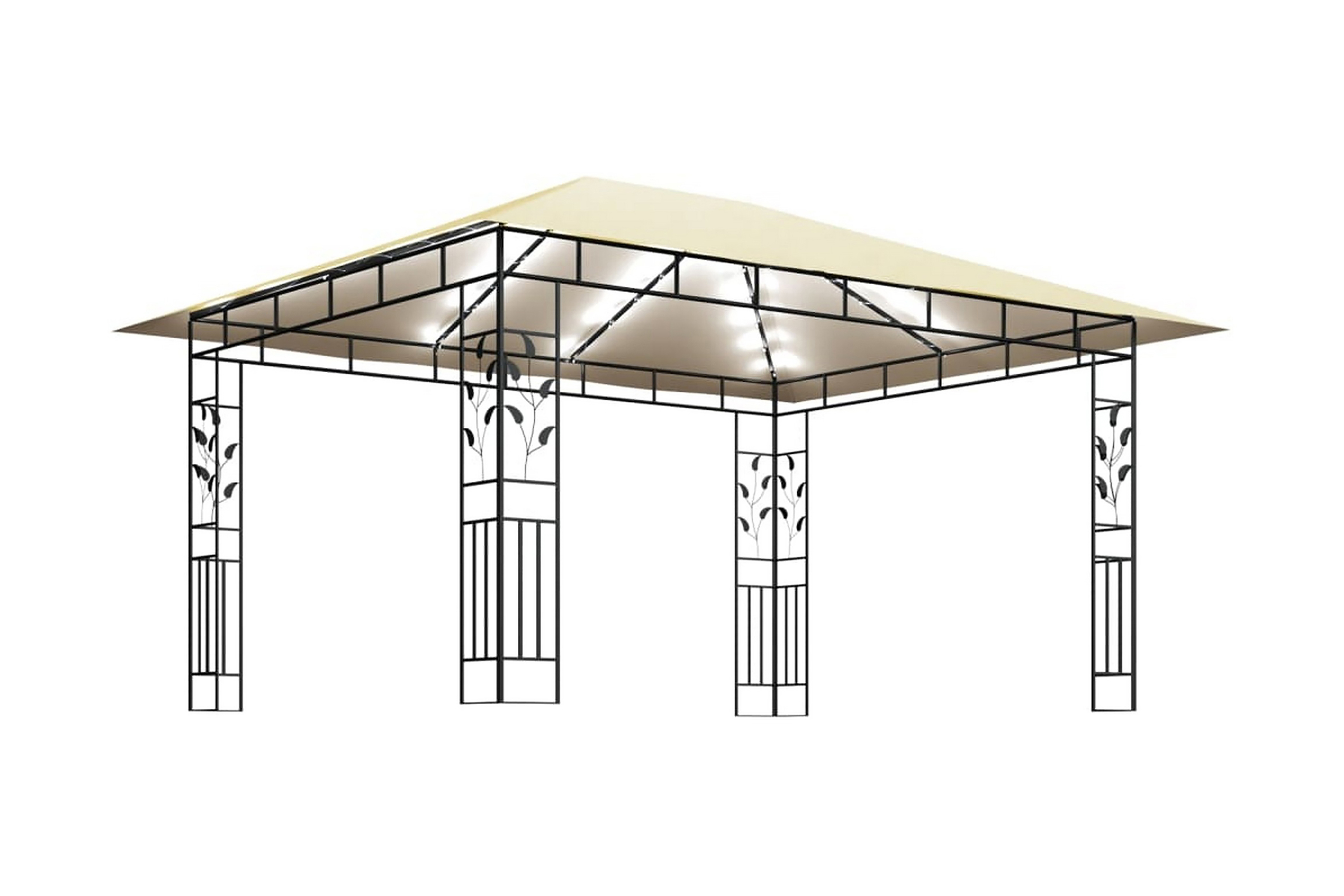 Paviljong med myggnät och ljusslinga LED 4x3x2,73 m gräddvit – Vit