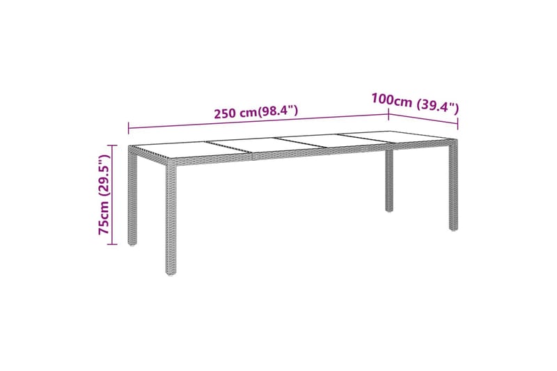 Utebord 250x100x75 cm härdat glas och konstrotting grå - Grå - Utemöbler - Trädgårdsbord & Utebord - Matbord ute