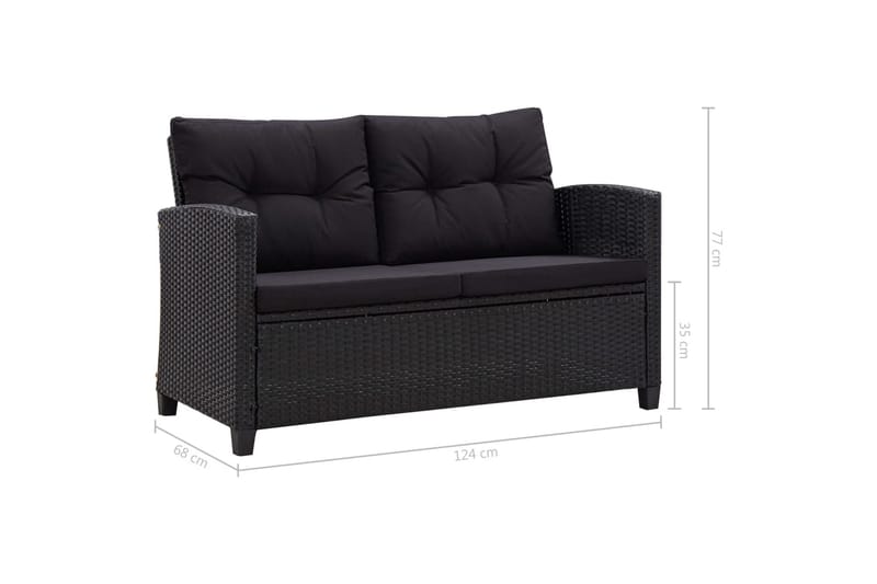 Trädgårdssoffa 2-sits med dynor svart 124 cm konstrotting - Svart - Utemöbler - Utesoffor & bänkar - Loungesoffa